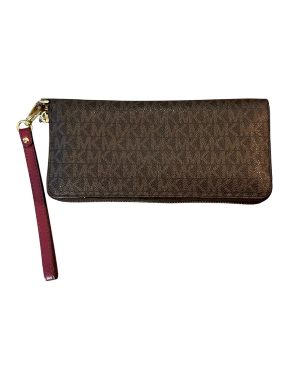 Michale Kors Signature Monogram Jet Set Leather Brown Burgundy Wristlet Wallet - Picture 2 of 5